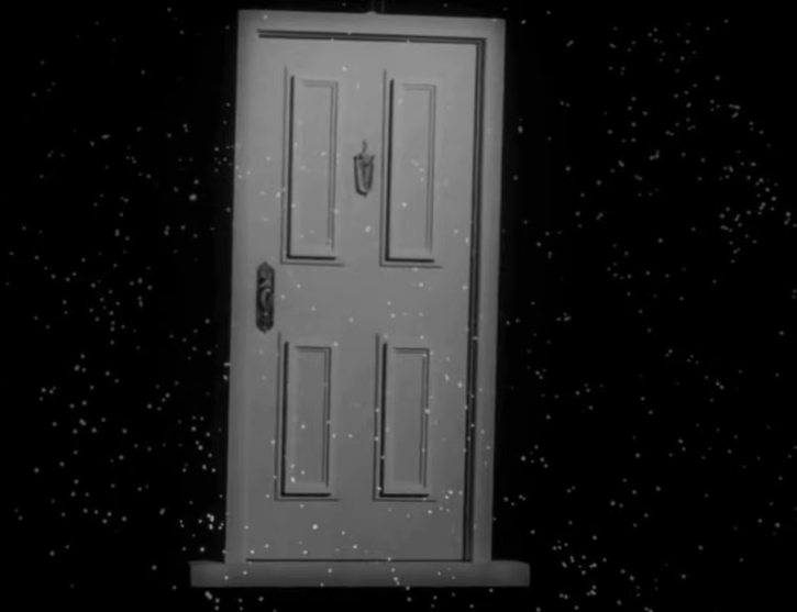 A floating door in space with specks resembling stars, reminiscent of a classic TV show intro