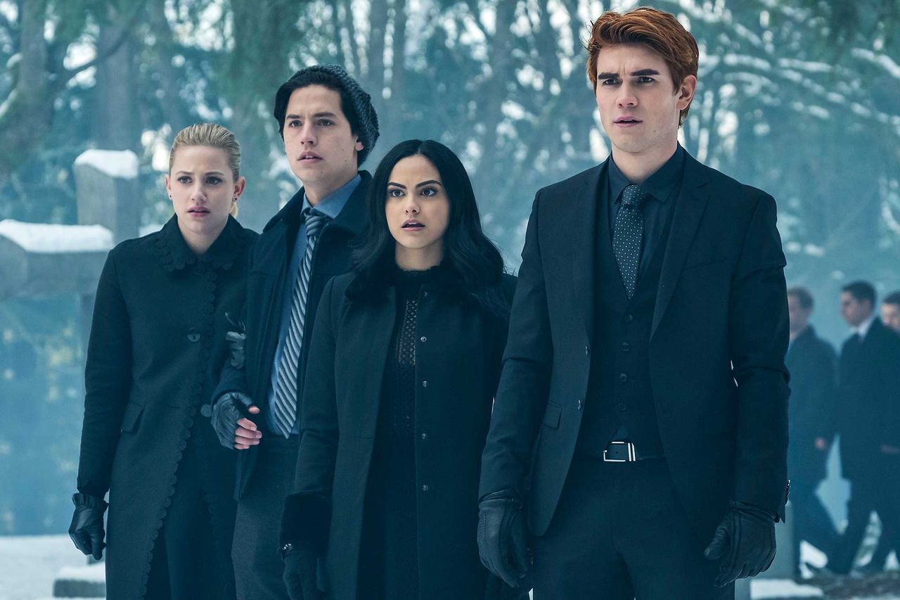 Lili Reinhart as Betty, Cole Sprouse as Jughead, Camila Mendes as Veronica and KJ Apa as Archie on ‘Riverdale’Credit: Katie Yu/The CW