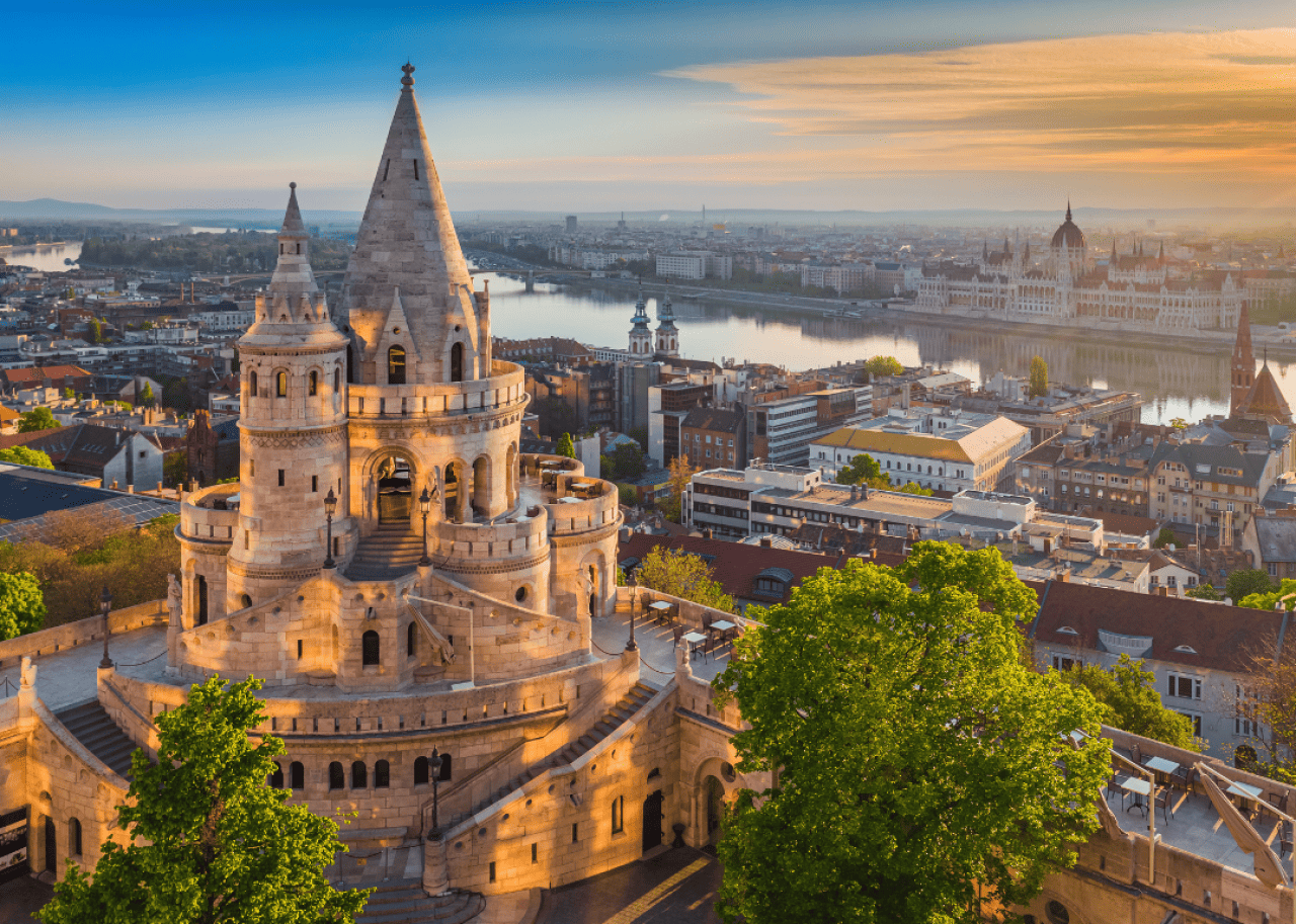 Fisherman's Bastion in Budapest overlooking the Danube River. - 