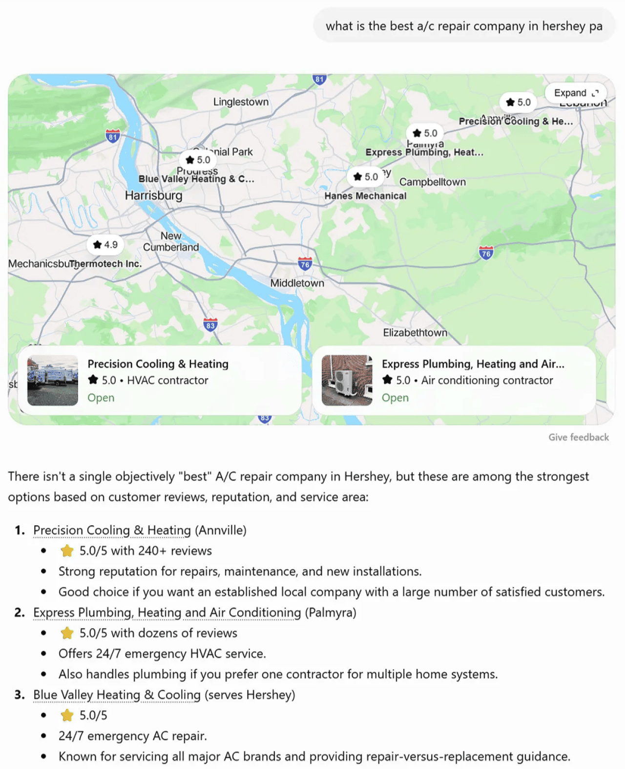 A screenshot of a local map, recommended homepages, and search results generated by an AI assistant for the best aircon repairs in a specific location. - WebFX