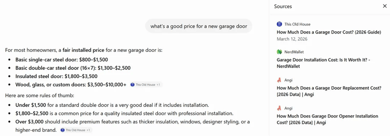 A screenshot showing the search results and sources generated by ChatGPT for a garage door pricing query. - WebFX