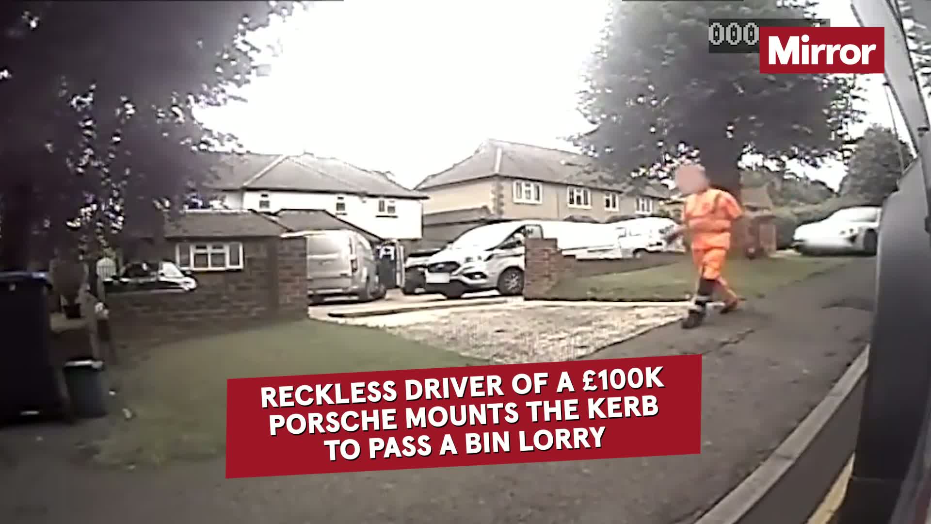 Reckless Porsche driver mounts kerb to pass bin lorry - as bosses warn lives are at risk