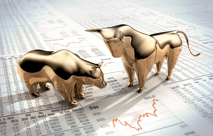 Golden bull and bear figurings facing off atop a newspaper spread of stock prices.