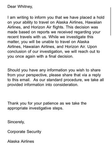 The letter Whitney Lynn claims was sent to her by Alaska Airlines.Credit: Whitney Lynn/Instagram