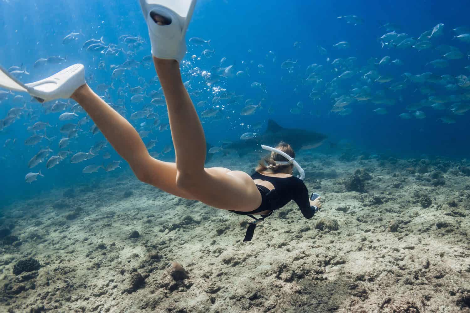 Attractive woman dives underwater with tiger shark. Freediving with sharks