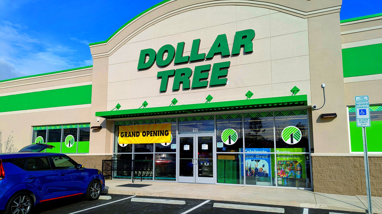 A Dollar Tree storefront with a grand opening sign on a sunny day