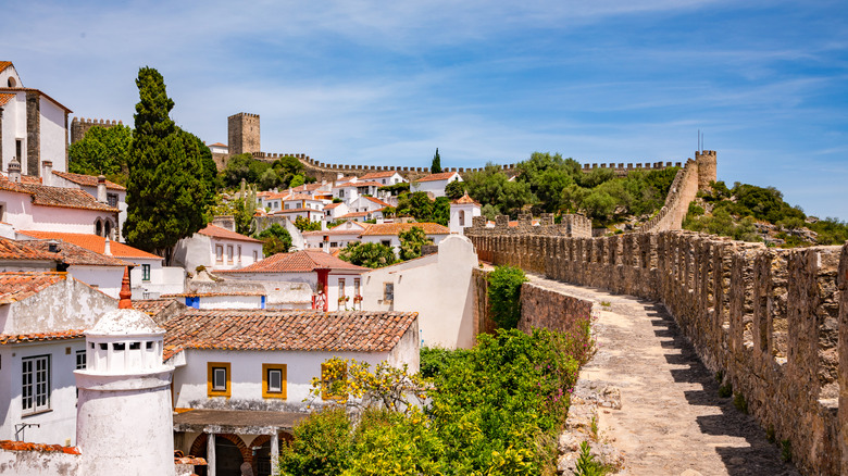 historic walled town, red-tiled roofs over whitewashed houses, clear skies
