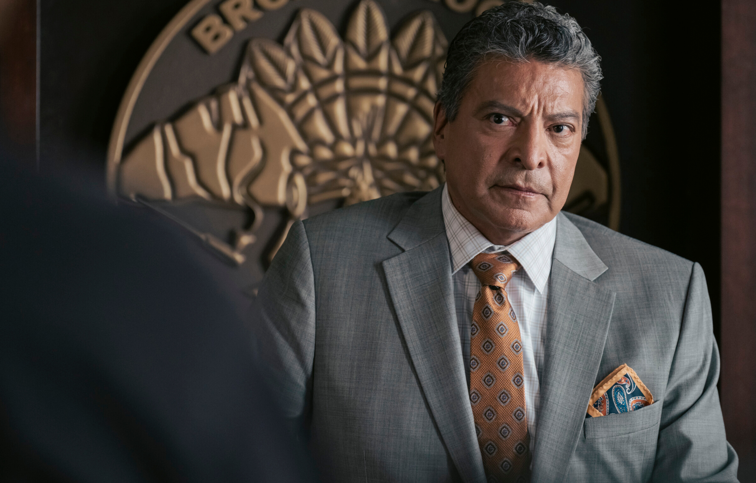 A serious man in a gray suit with an orange and blue patterned tie, standing in front of a decorative emblem.