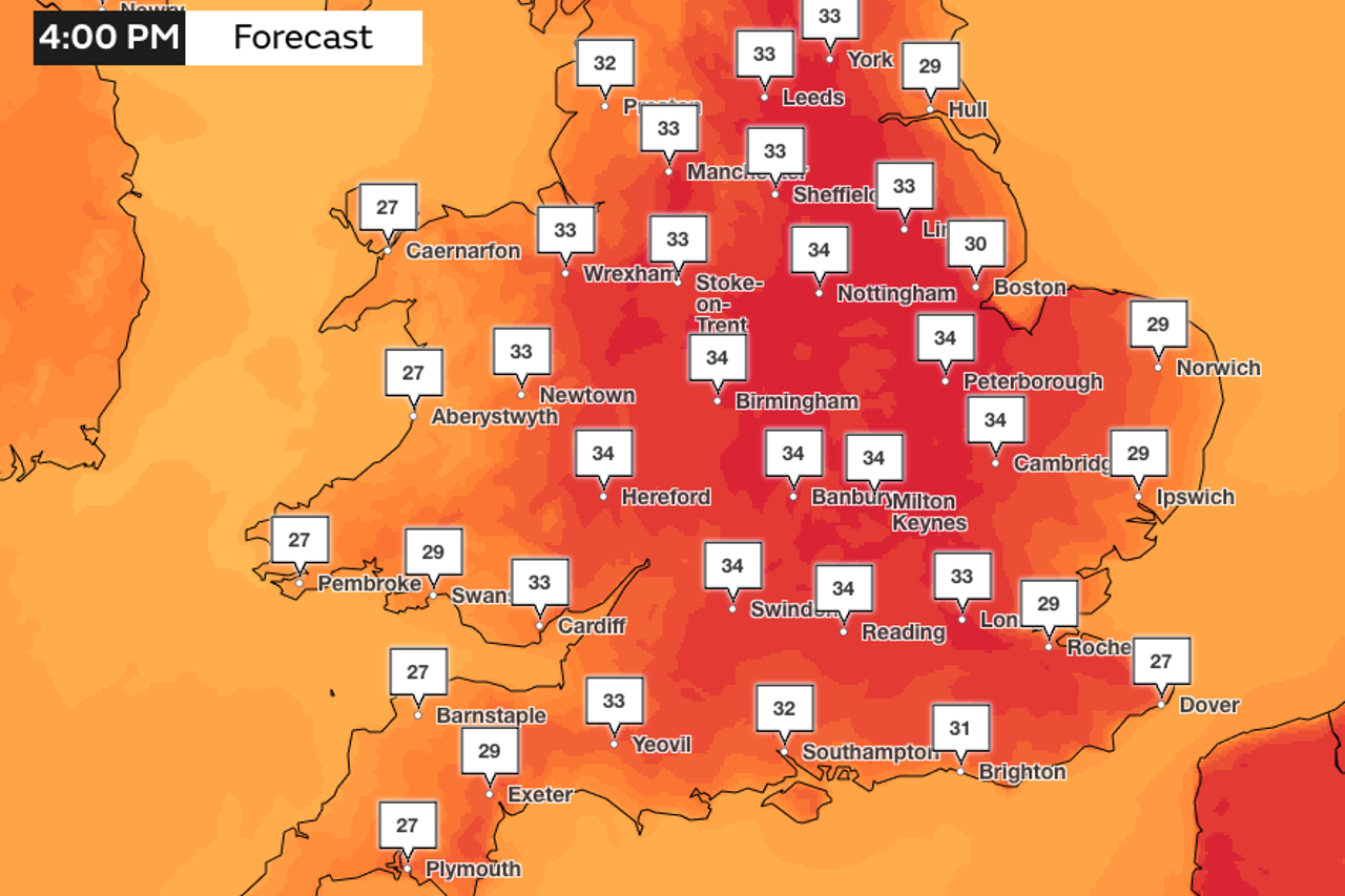 Mapped: UK to be hotter then Barcelona as fifth heatwave will bring 36C temperatures - AOL