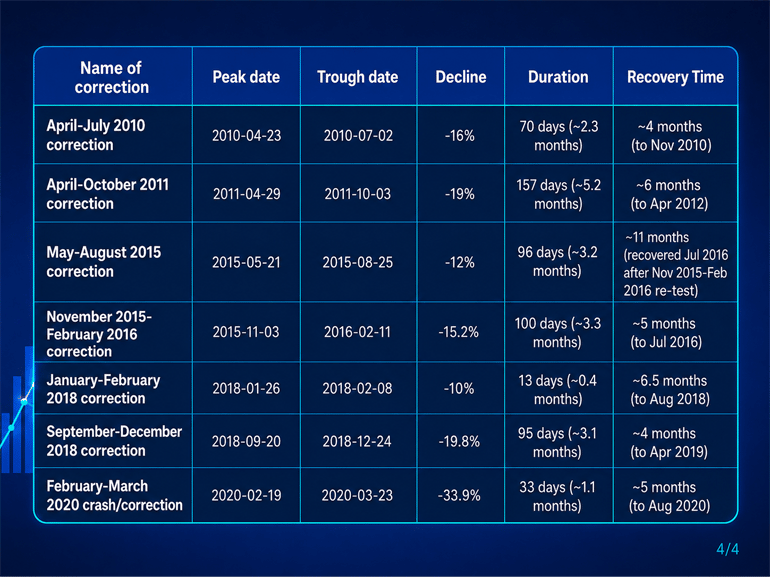 A table outlining the historical stock market corrections and market crashes from 2010 to 2020. - Plus500