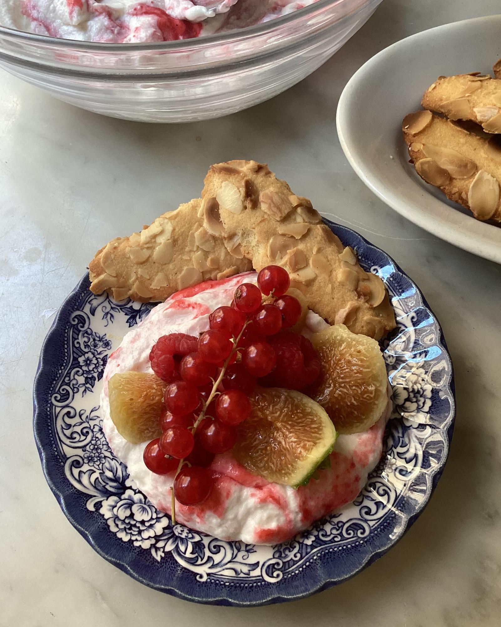 Rachel Roddy's recipe for figs with raspberry cream and cat tongue biscuits