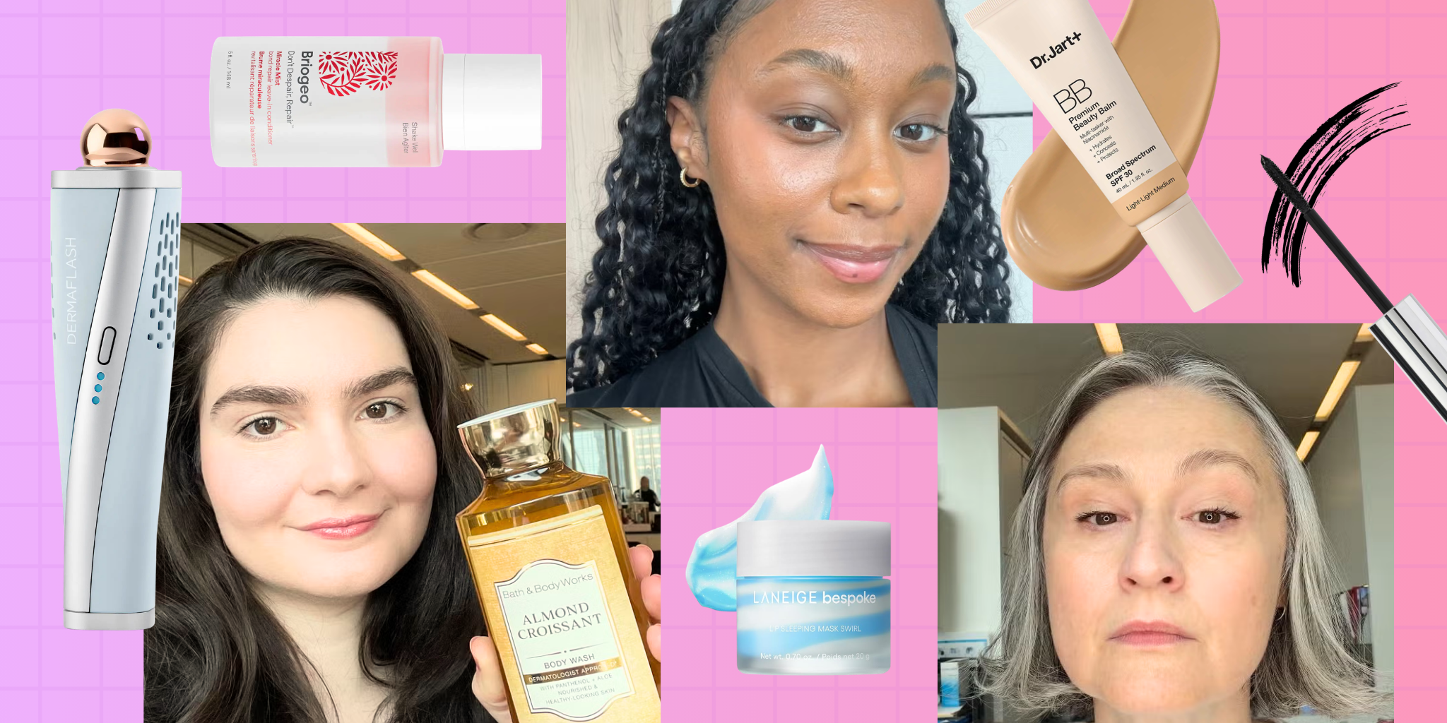 Three women showcasing skincare and makeup products on a colorful background with various beauty items.