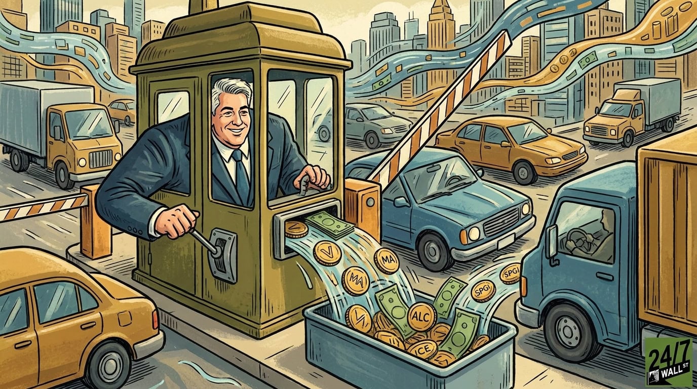 A caricature of Bill Ackman inside a golden toll booth, collecting money labeled with stock tickers as cars wait in city traffic.