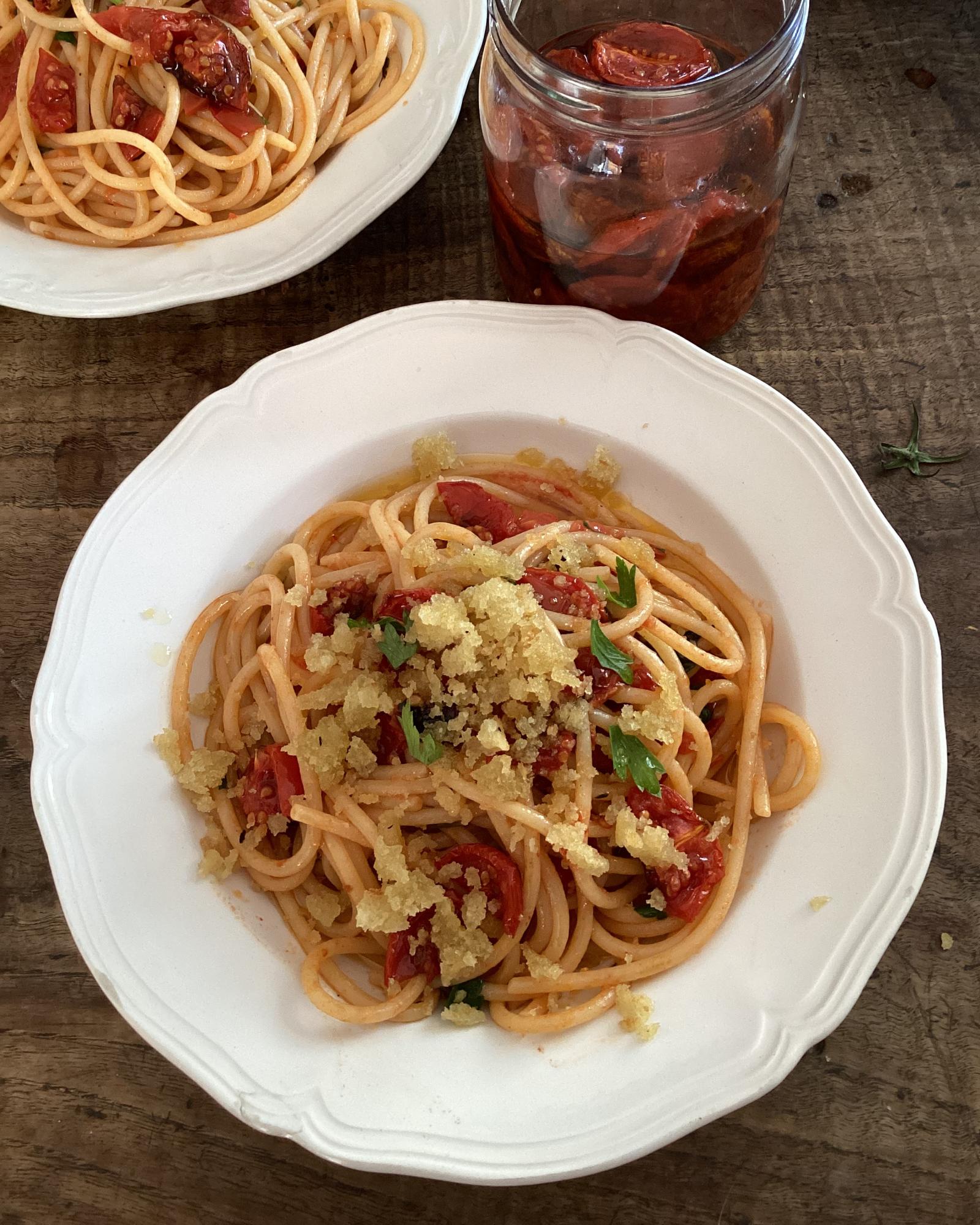 Rachel Roddy's recipe for spaghetti with semi-dried tomatoes, garlic, herbs and breadcrumbs