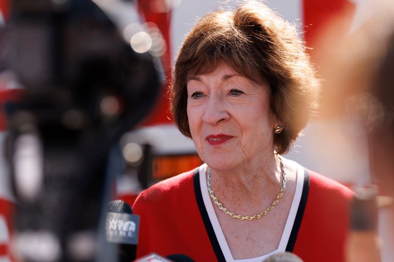 Sen. Susan Collins (R-ME) speaks with the news media outside the Kittery Trading Post, the first stop of a weekend re-election campaign bus tour of the state of Maine, on August 14, 2026 in Kittery, Maine