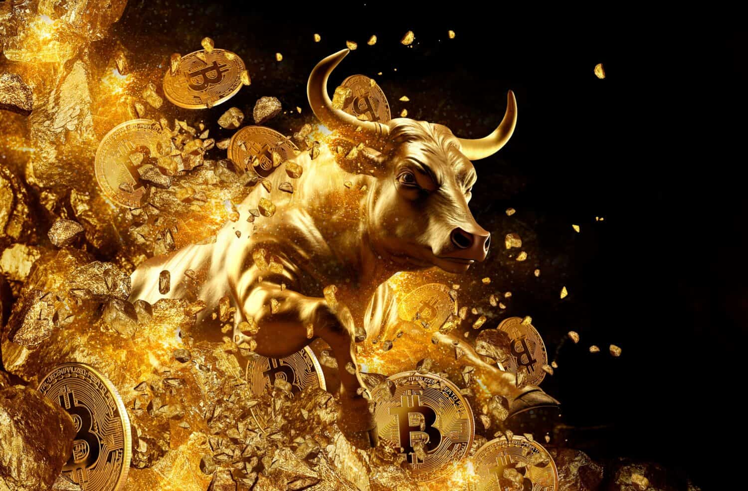 A striking 3D render of a golden bull in a powerful charging pose, surrounded by a swirling explosion of golden Bitcoin coins and shimmering gold nuggets, all set against a dramatic dark background. The scene suggests vigorous movement and prosperity.