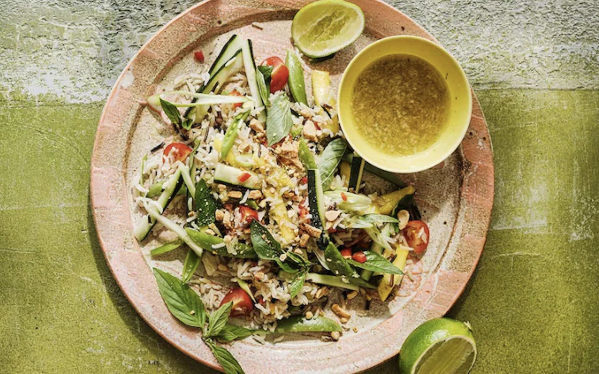 Summer rice salad with mango, peanuts and hot lime dressing