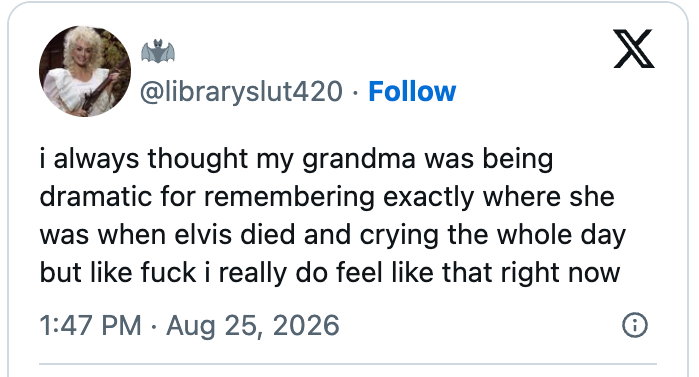 Social media post expressing empathy with their grandma's emotional reaction to Elvis' death