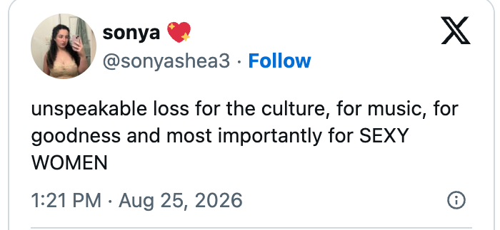 Post by user sonyashea3 expressing a profound loss related to culture, music, goodness, and especially for sexy women