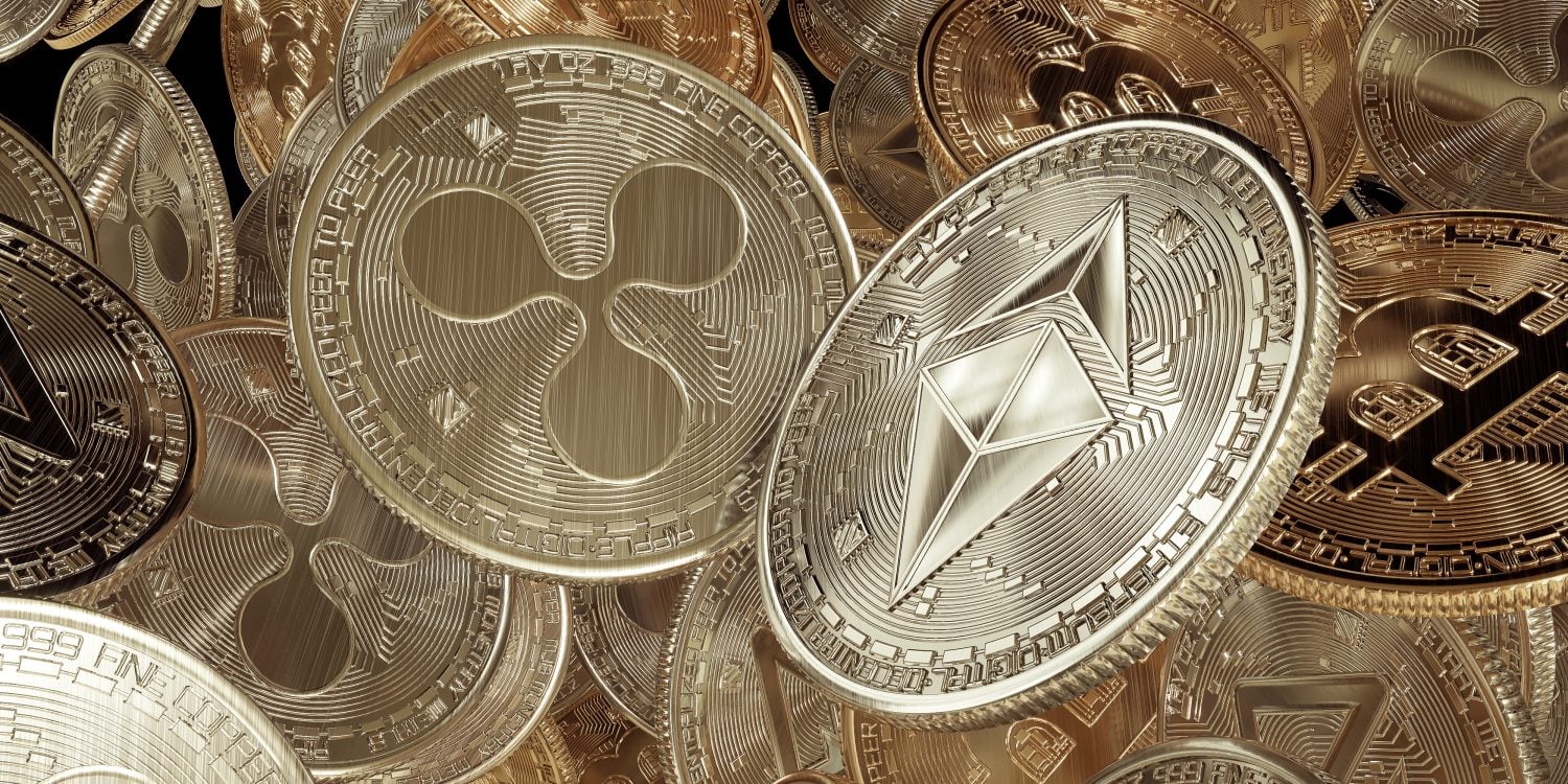Ethereum vs Ripple, flying golden cryptocurrency coins with Bitcoin, Ethereum, Zcoin, ripple symbol zoom in background.