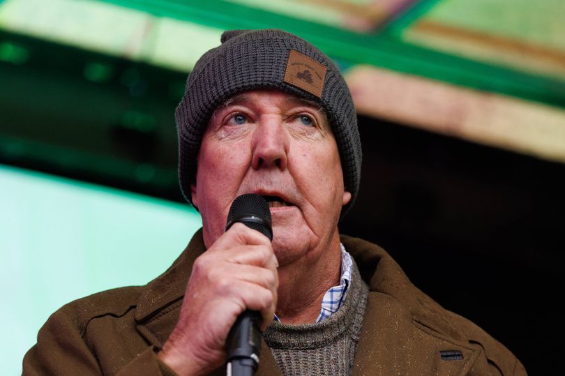 LONDON, ENGLAND - NOVEMBER 19: TV presenter Jeremy Clarkson speaks to the crowd during a farmers demonstration on Whitehall on November 19, 2024 in London, England. Thousands of farmers descended on central London to protest against changes to inheritance tax announced in the budget last month. The farmers argue that the changes will destroy family farms and that the nation's food security is at risk, while the government says that the change will likely affect only around 500 larger estate farms. (Photo by Dan Kitwood/Getty Images)