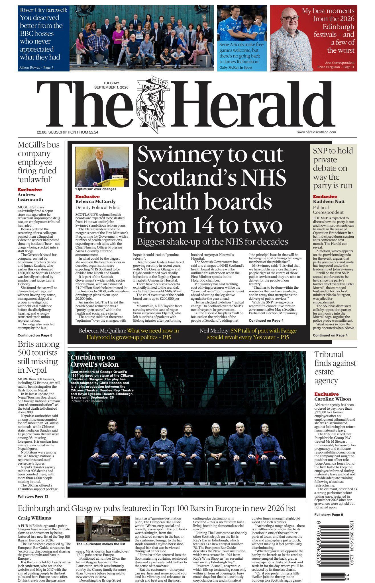 New Photo - Scotland's papers: Health boards facing cuts and FM rules out Farage deal