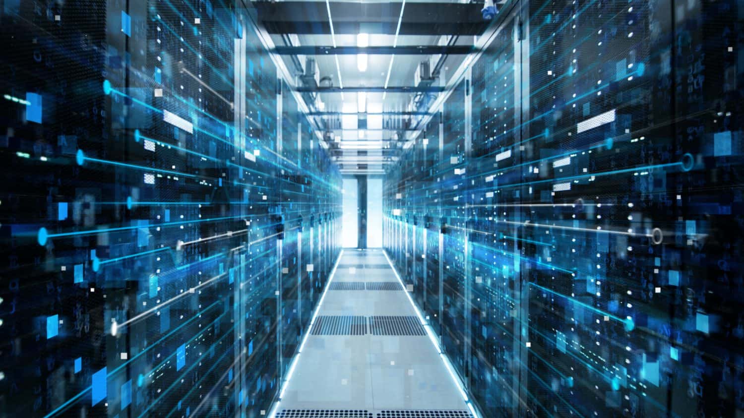 A long, brightly lit hallway in a modern data center, flanked by rows of dark server racks. Blue glowing lines and scattered digital squares streak across the image, symbolizing data flow and advanced connectivity. The perspective is centered down the hallway towards a bright light at the far end, creating a sense of depth and progression.