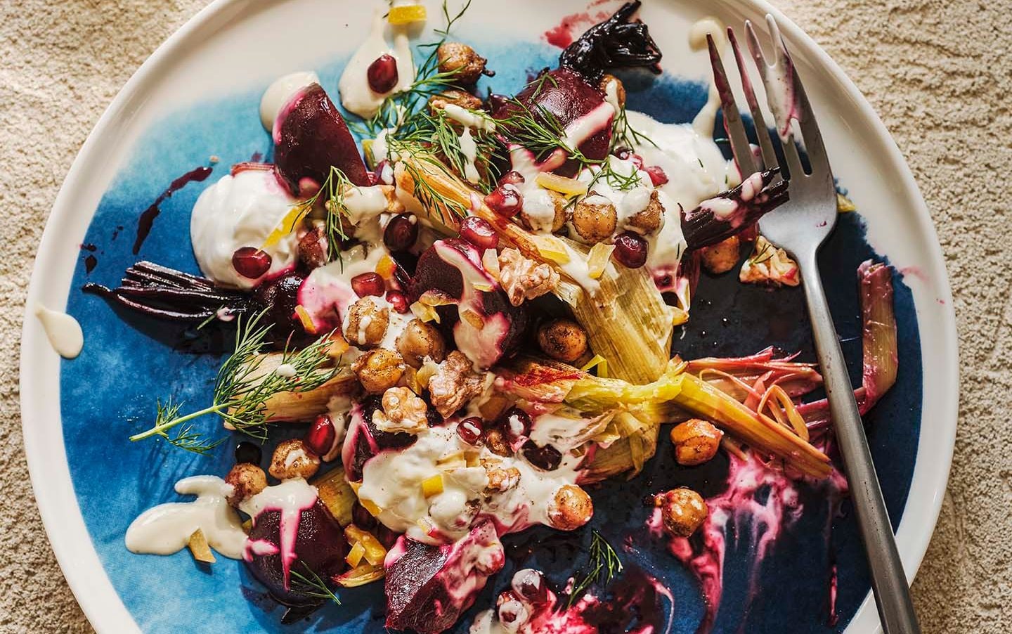 Roast leeks, beetroot and spiced chickpeas with tahini