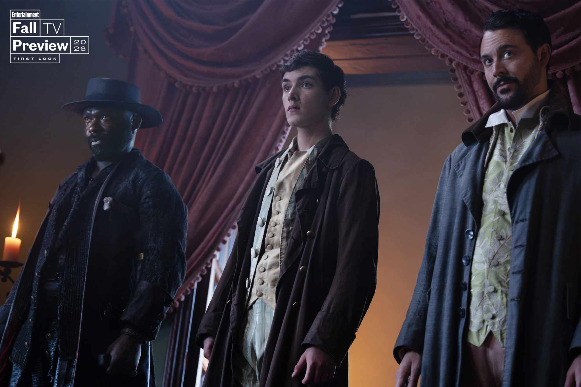Tom Sweet as Jim Hawkins with David Oyelowo as Long John Silver and Jack Huston as Aaron Graham in Treasure Island