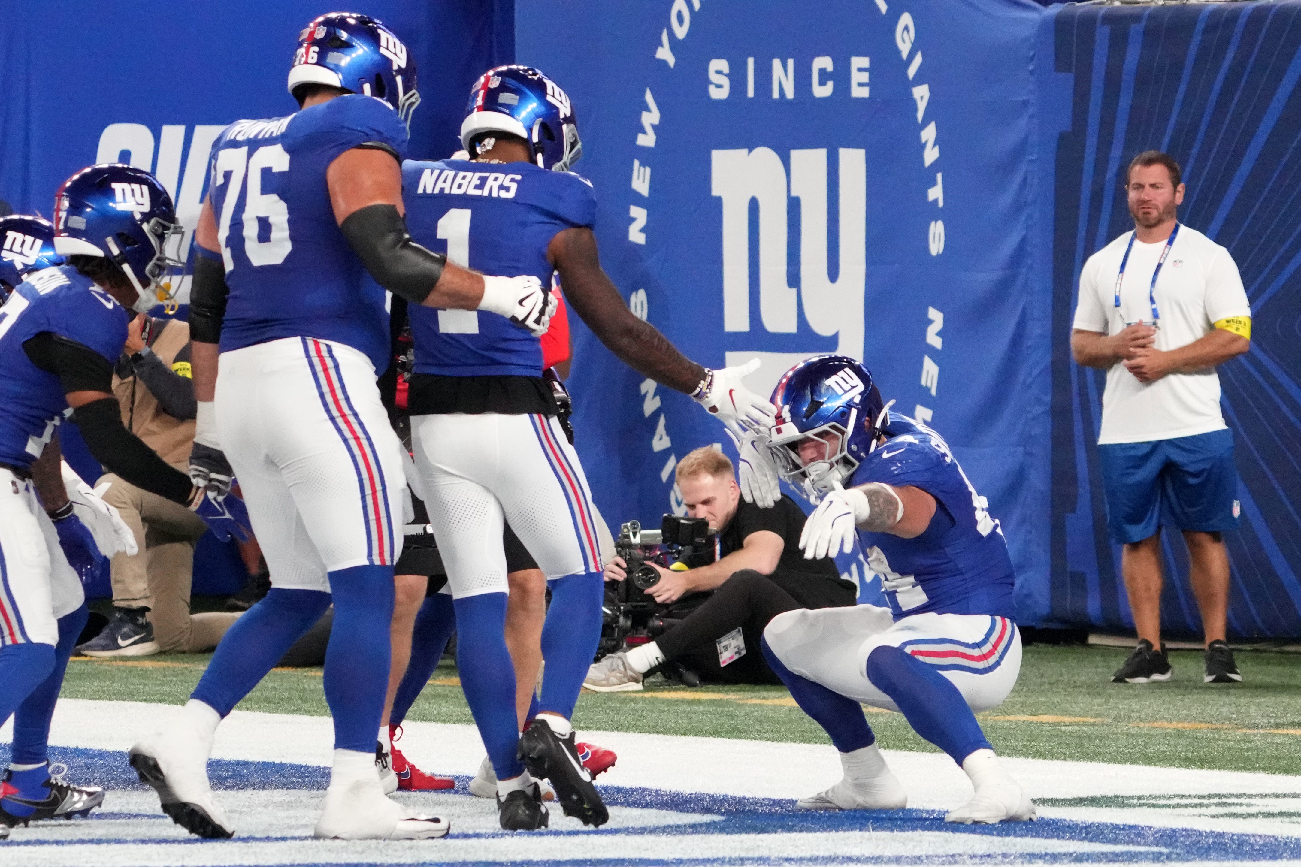See it: Giants' Malik Nabers headbutts Cam Skattebo mid-interview