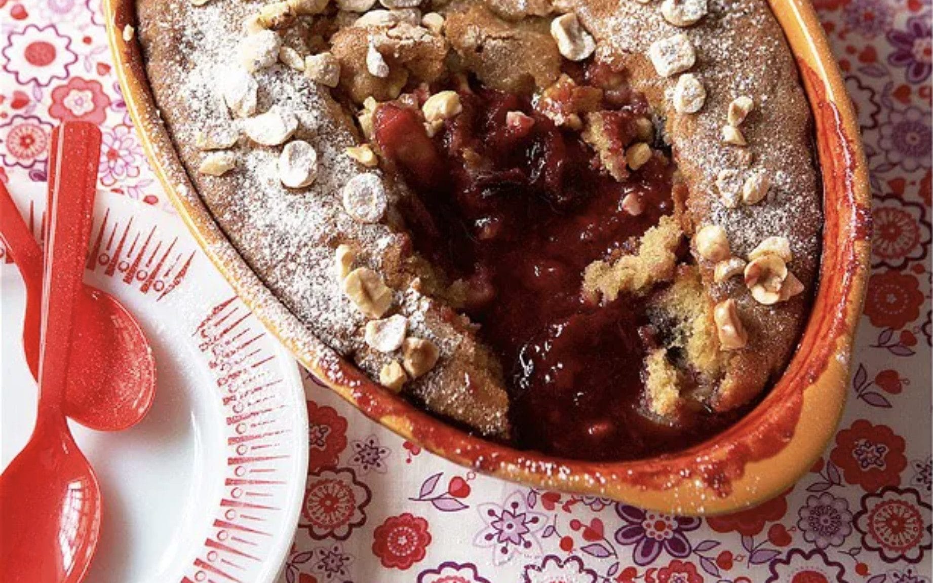 Damson, hazelnut and brown-sugar pudding