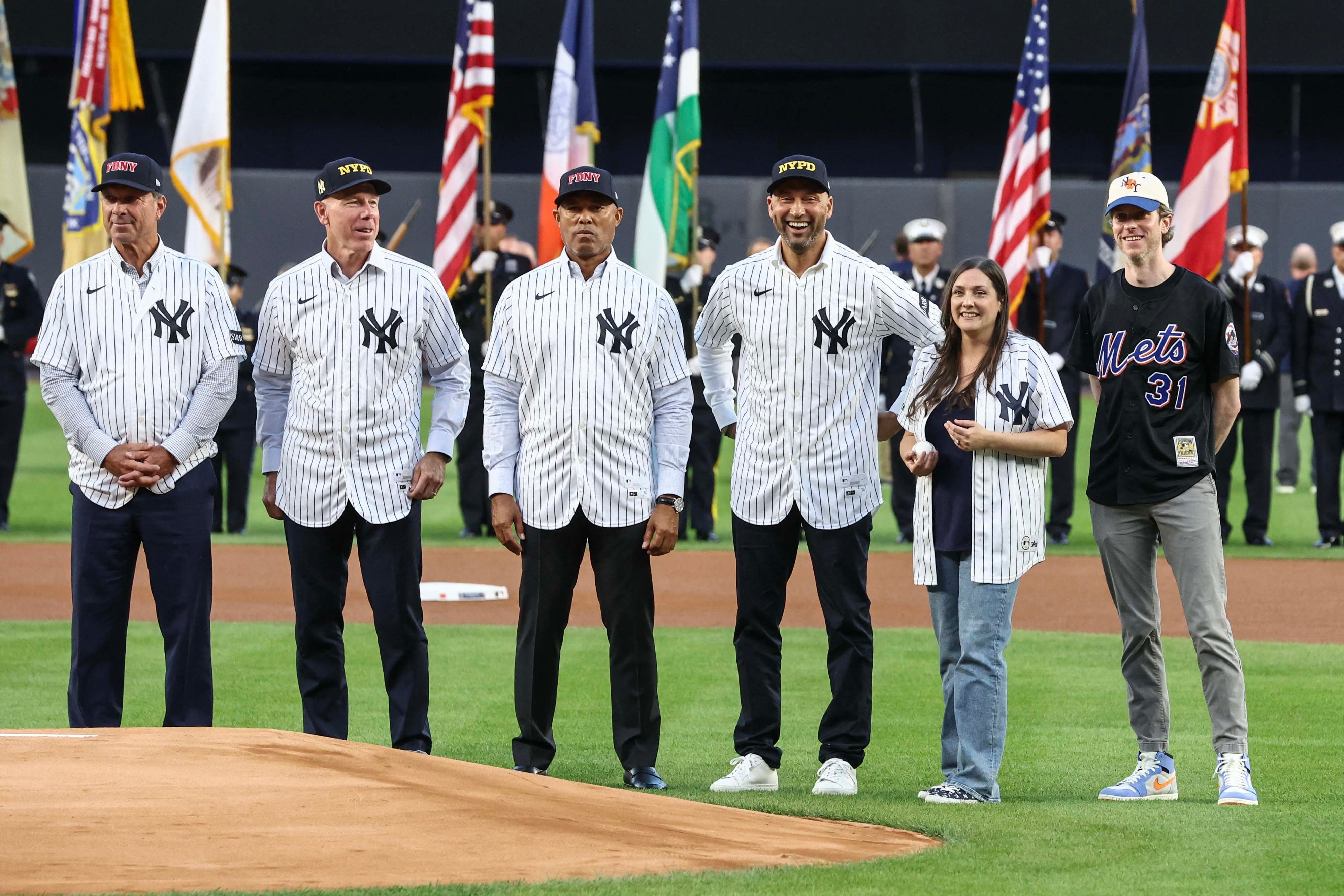 Yankees legends at Yankee Stadium during the September 11 2026 Subway Series remembrance ceremony