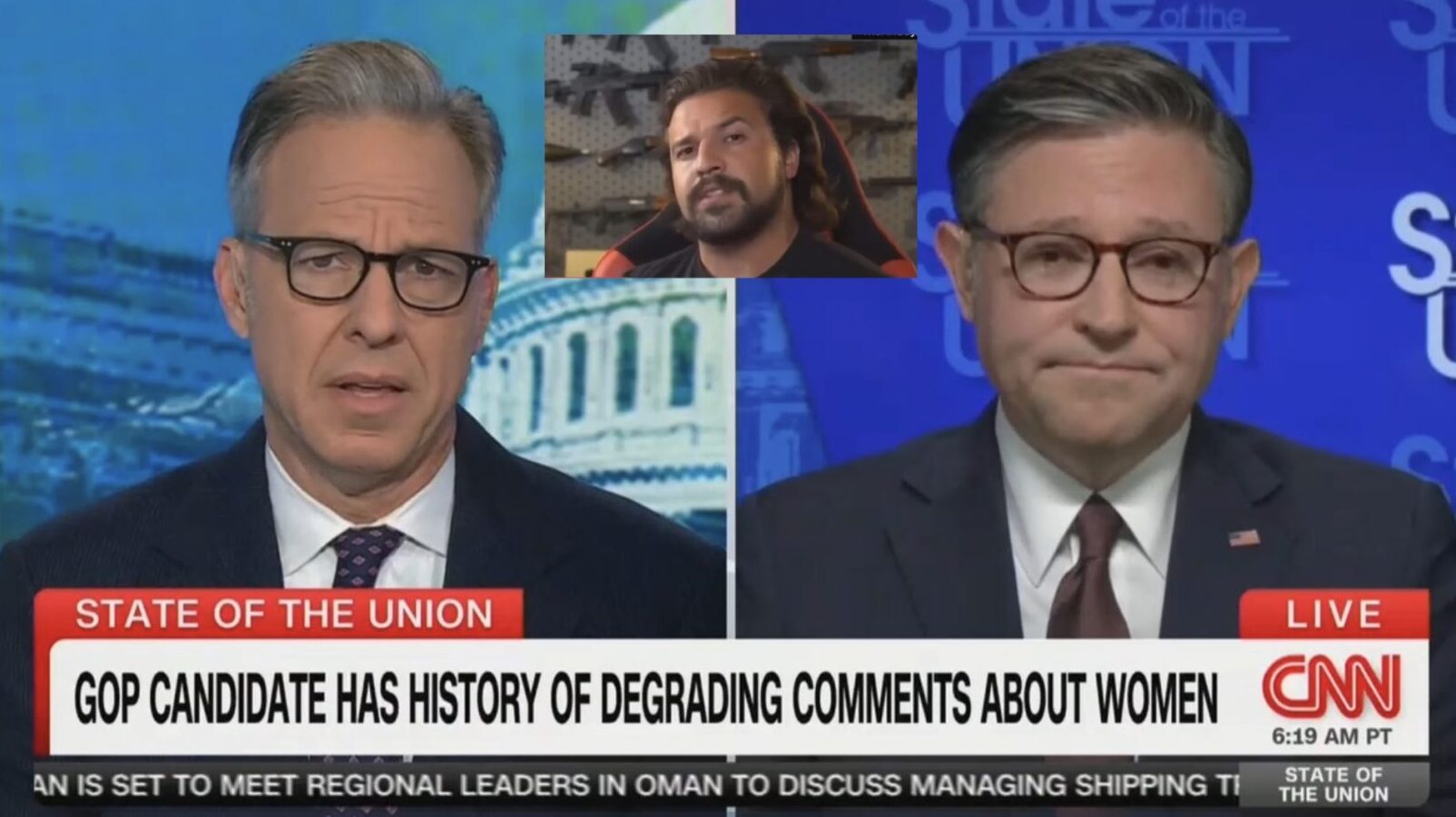 Jake Tapper Confronts Speaker Johnson With Shocking, Uncensored Video of House Candidate He Supports Referring to Children as a ‘C*m Trophy'