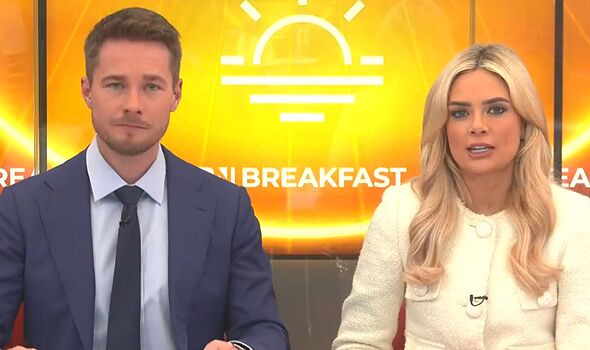 Close up of Alex Armstrong and Ellie Costello presenting GB News Breakfast