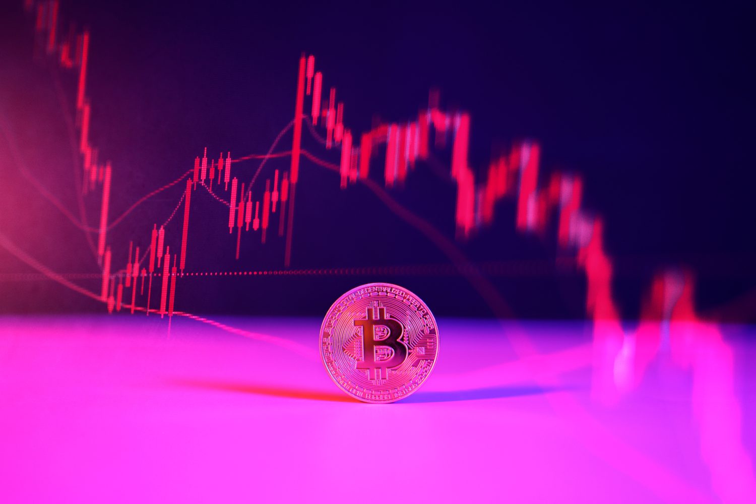 Bitcoin with blue and red lights with red crashing market volatility of crypto trading with technical graph, red candlesticks going down without resistance, market fear and downtrend.
