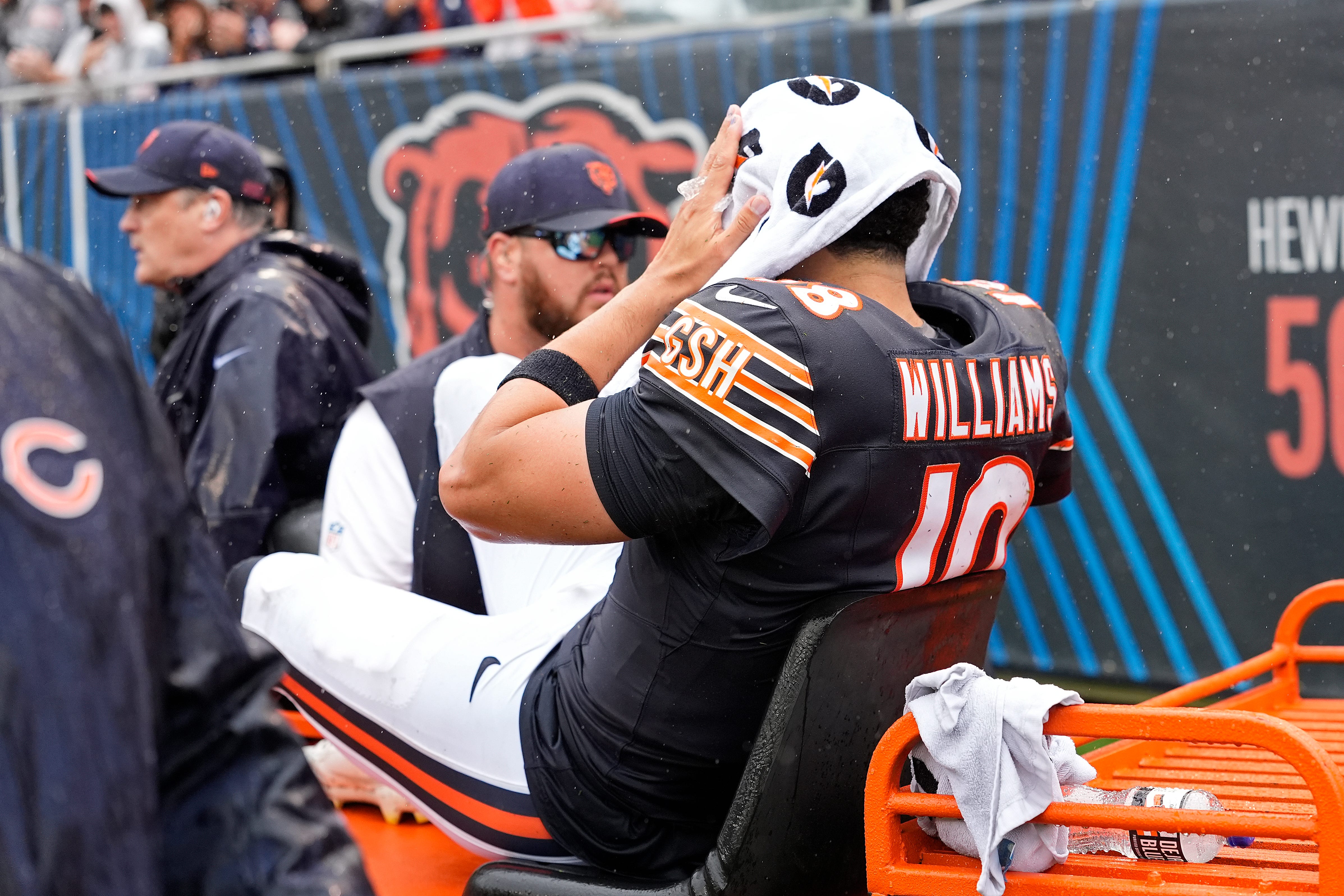 Caleb Williams seated on a Chicago Bears medical cart after his September 20 2026 hamstring injury against the Minnesota Vikings