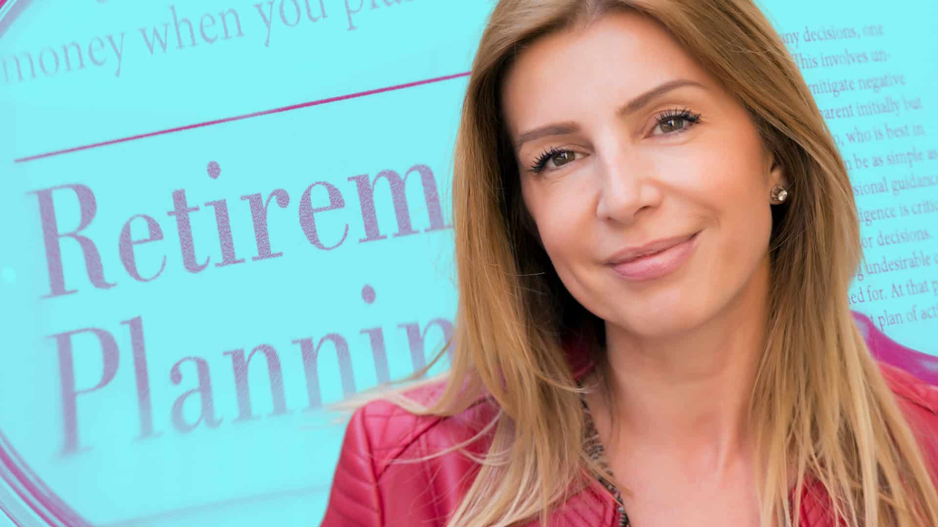 A fair-skinned woman with long, light brown hair smiles warmly, looking slightly to her right. She wears a quilted red jacket. Behind her, a light blue background features large, purple text that partially reads 'Retirement Planning' and other smaller, lighter text to the right.