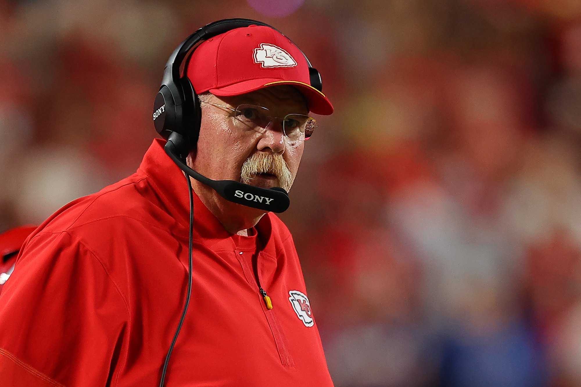 Andy Reid coaches Kansas City from the sideline during the 2026 season