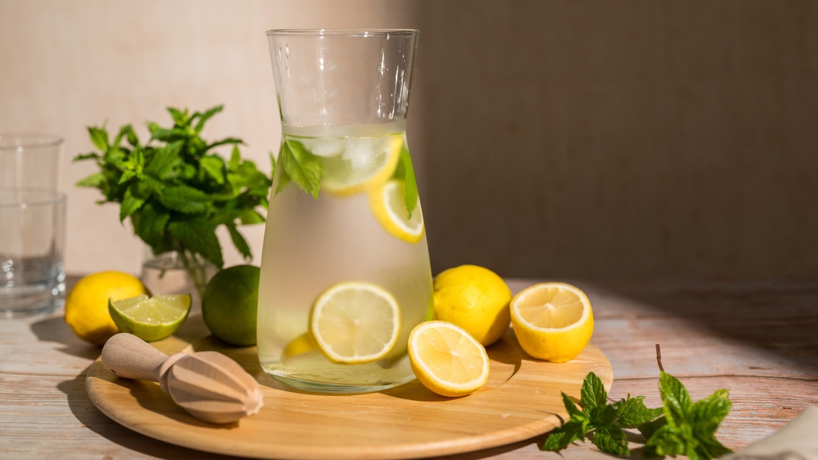 A glass pitcher of lemonade.