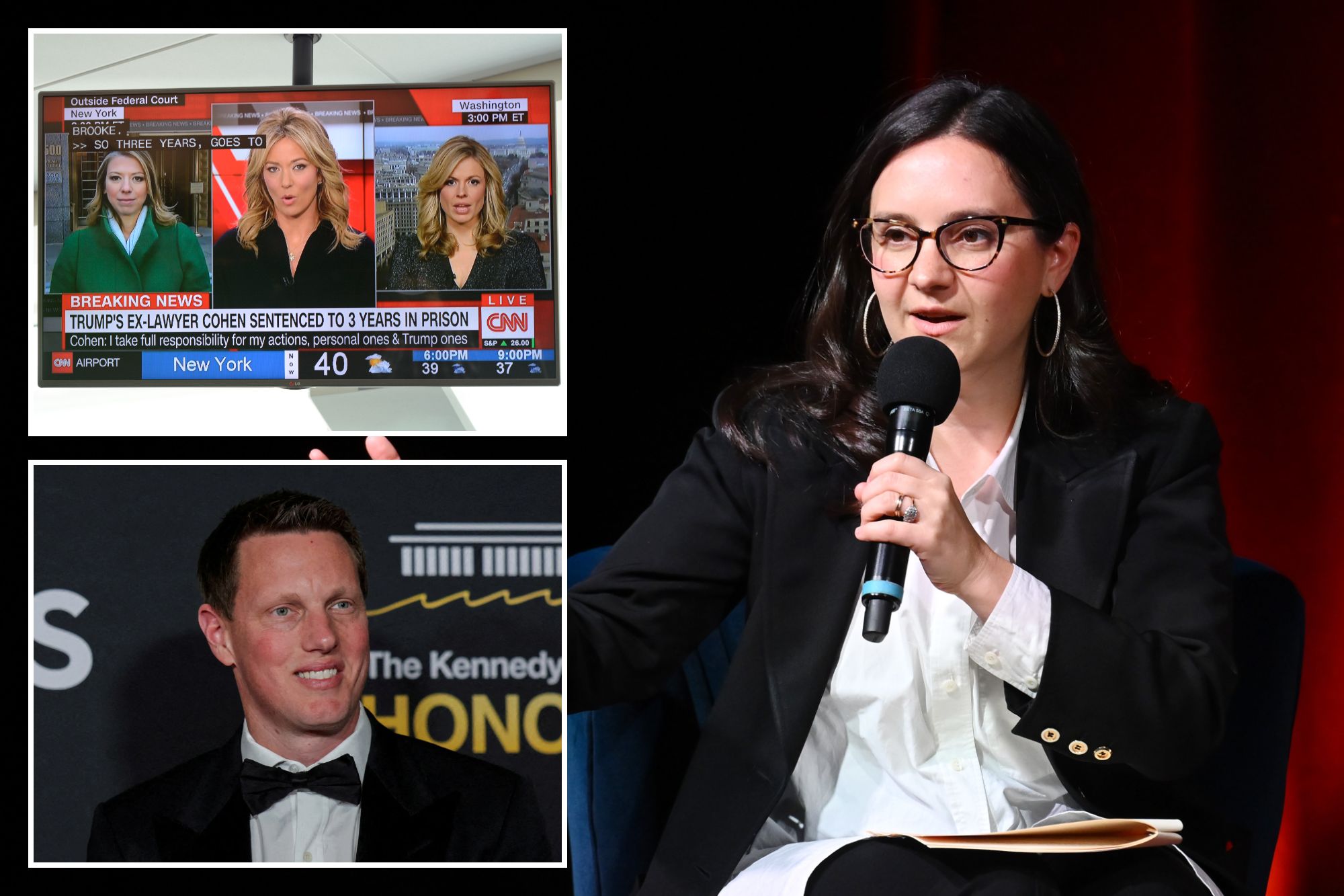 An image collage containing 3 images, Image 1 shows Bari Weiss speaking into a microphone onstage during a Book Club event, Image 2 shows A television monitor at Dallas/Fort Worth International Airport shows a CNN news broadcast with CNN anchor Brooke Baldwin, reporting on Michael Cohen's sentencing to prison, Image 3 shows David Ellison, CEO of Paramount Skydance, poses on the red carpet for the 2025 Kennedy Center Honors