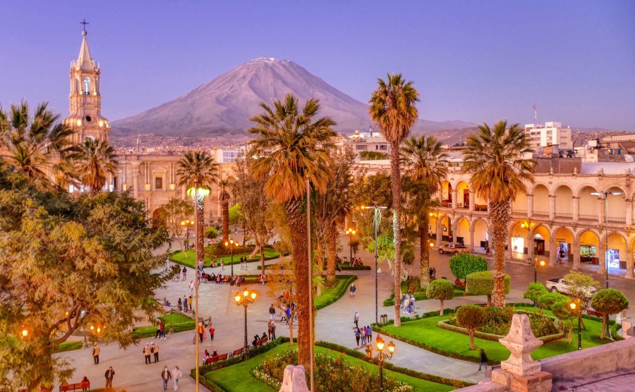 Arequipa is called the “White City” because of its city center, built from white volcanic stone quarried from nearby volcanoes.Credit: Piero Damiani / Getty Images