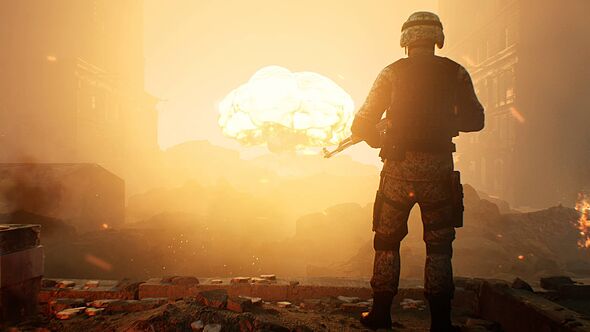 A soldier looking at an explosion.