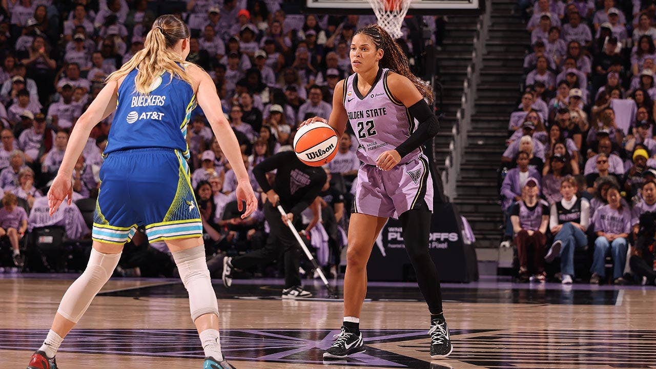 Veronica Burton dribbles in a lavender Golden State Valkyries jersey against Dallas in October 2026