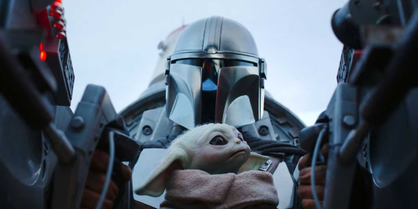 Mando (Pedro Pascal) and Grogu in The Mandalorian and Grogu