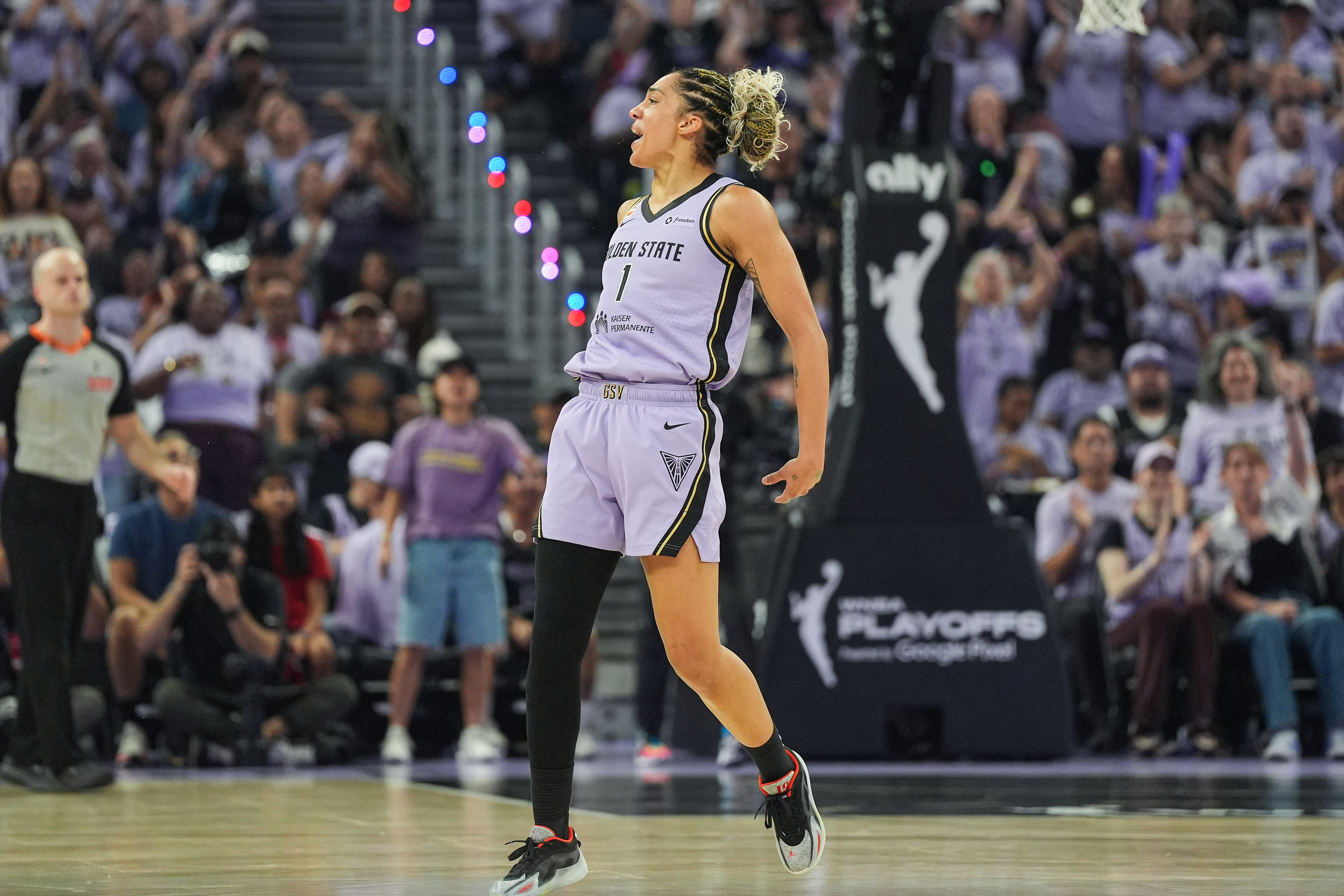 Gabby Williams celebrates for Golden State during the 2026 WNBA semifinals
