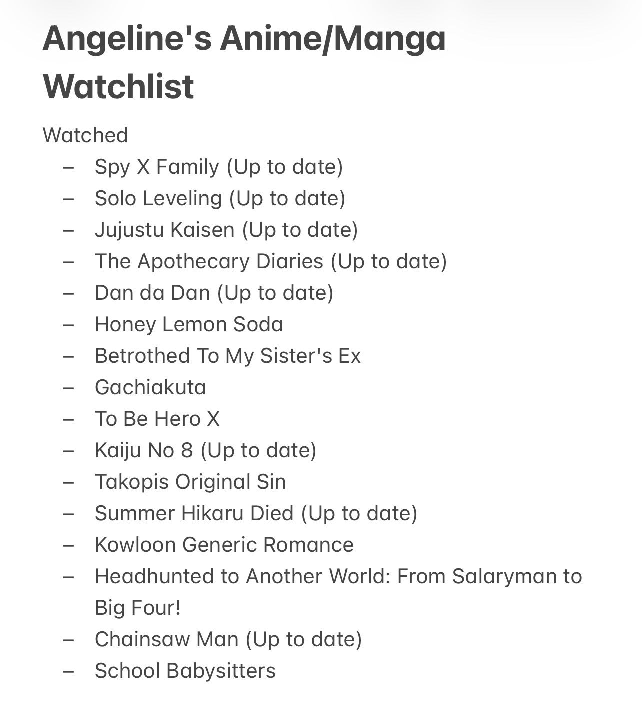 Anime and manga watchlist includes popular titles like