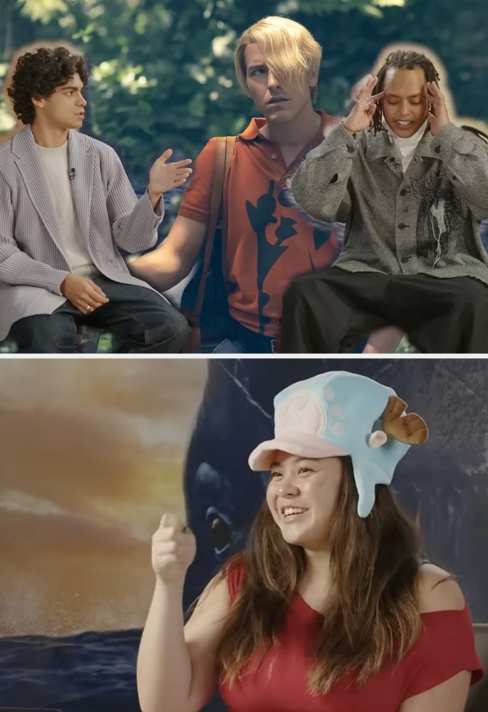Group of actors in casual clothing being interviewed, discussing their movie roles; one wears a whimsical hat