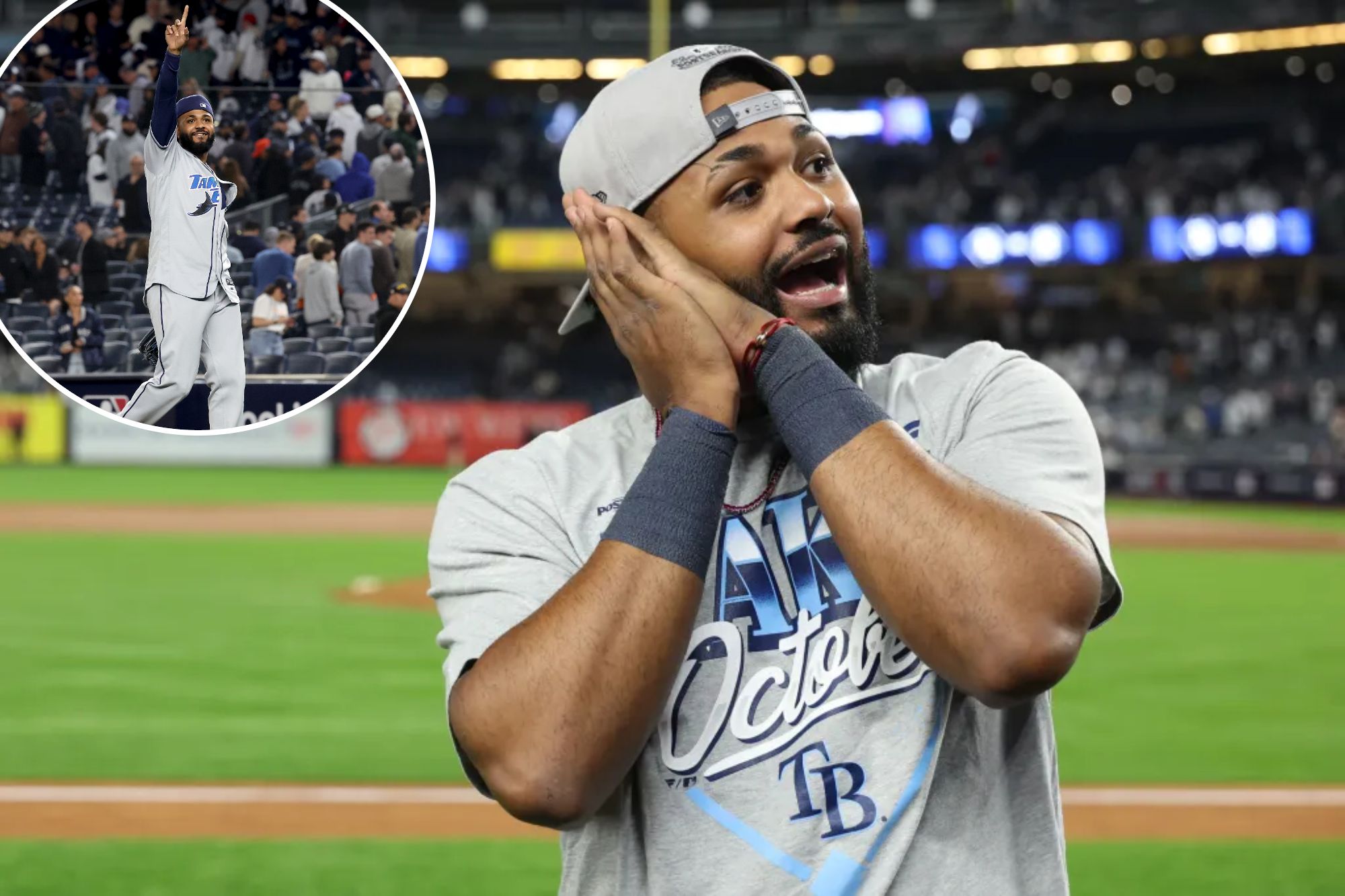 Junior Caminero recreating the night-night sleeping gesture after Tampa Bay Rays swept the New York Yankees in October 2026