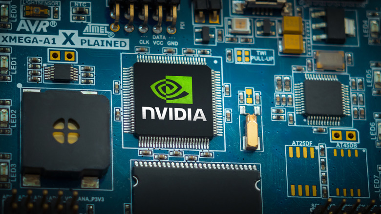 NVIDIA logo on a chipset and circuit board layout.
