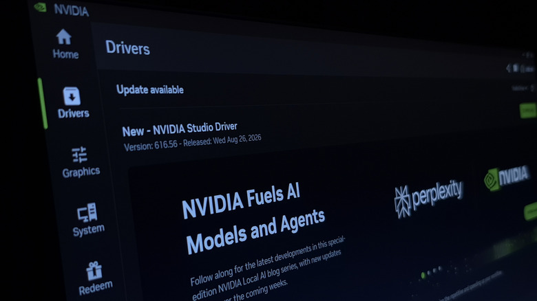 Close up of the NVIDIA app with software drivers page visible.